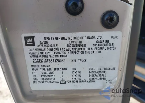 2006 Chevrolet Silverado 1500 Lt1 from USA, damaged, VIN 2GCEK13T361120030